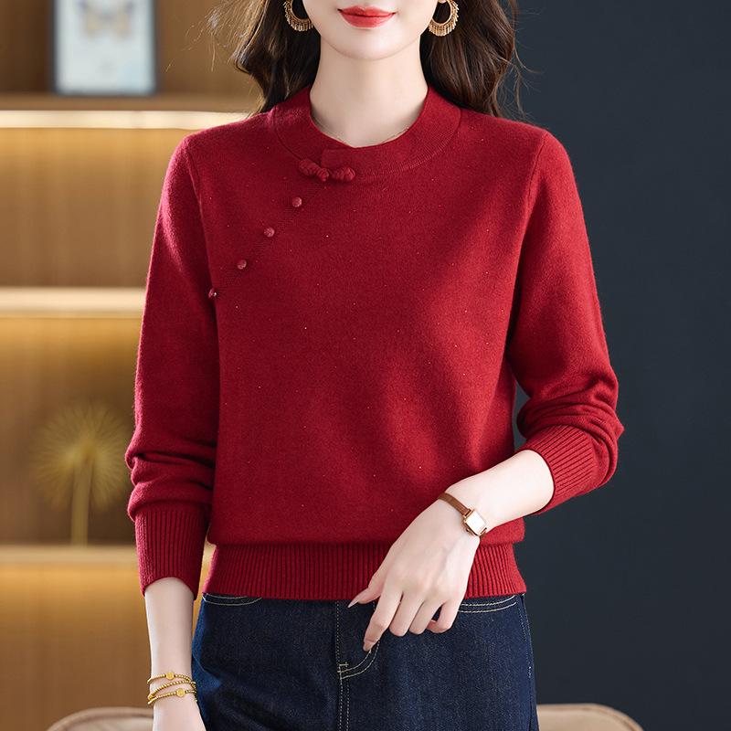 Autumn Winter Chinese Retro Cheongsam Collar Thick Knit Sweater – Fashionable Women's Pullover