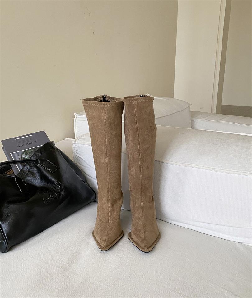 

Женские высокие сапоги 2025 новые модели, но до колена, маленькие высокие сапоги с острым носком, на шпильке, эластичные сапоги 39 хаки