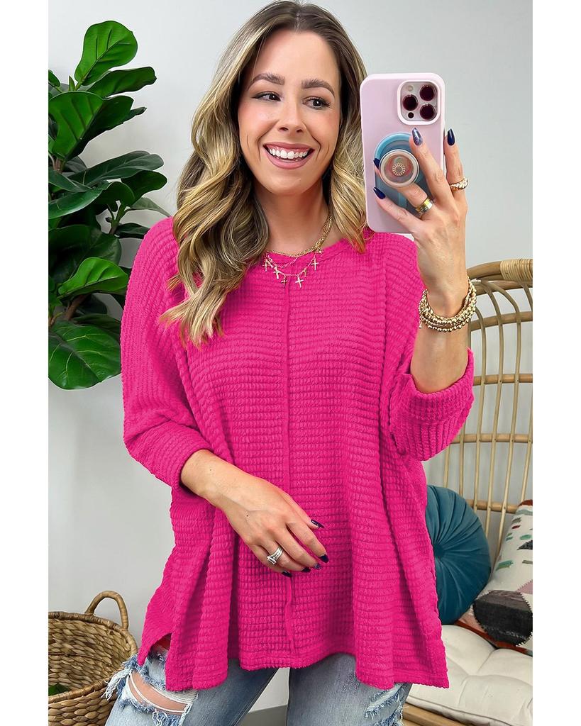 Azura Exchange Rose Red Textured Center Seam Long Sleeve Split Top
