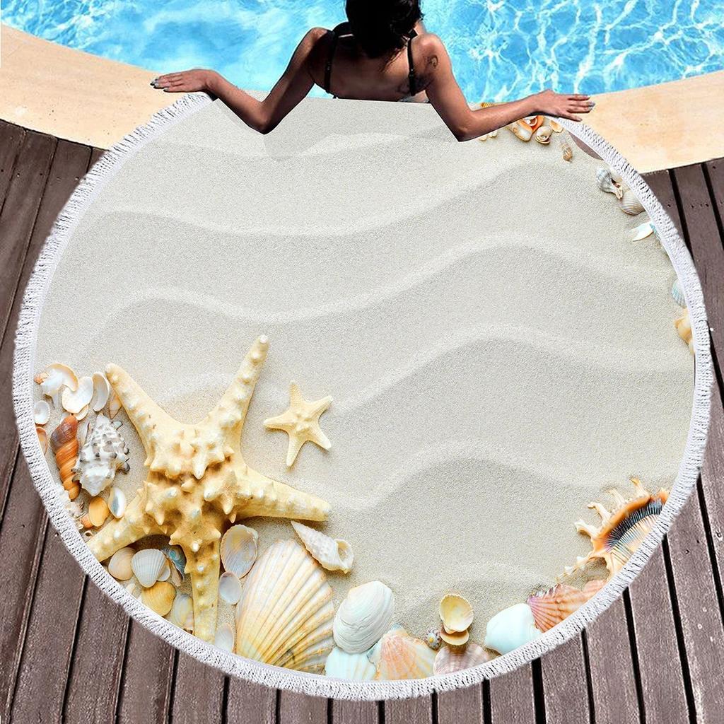 Round Beach Towels,Wave Seashell Print Sand Resistant Beach Blanket,Soft Absorbent Quick Dry Pool Towels Portable Picnic Mat