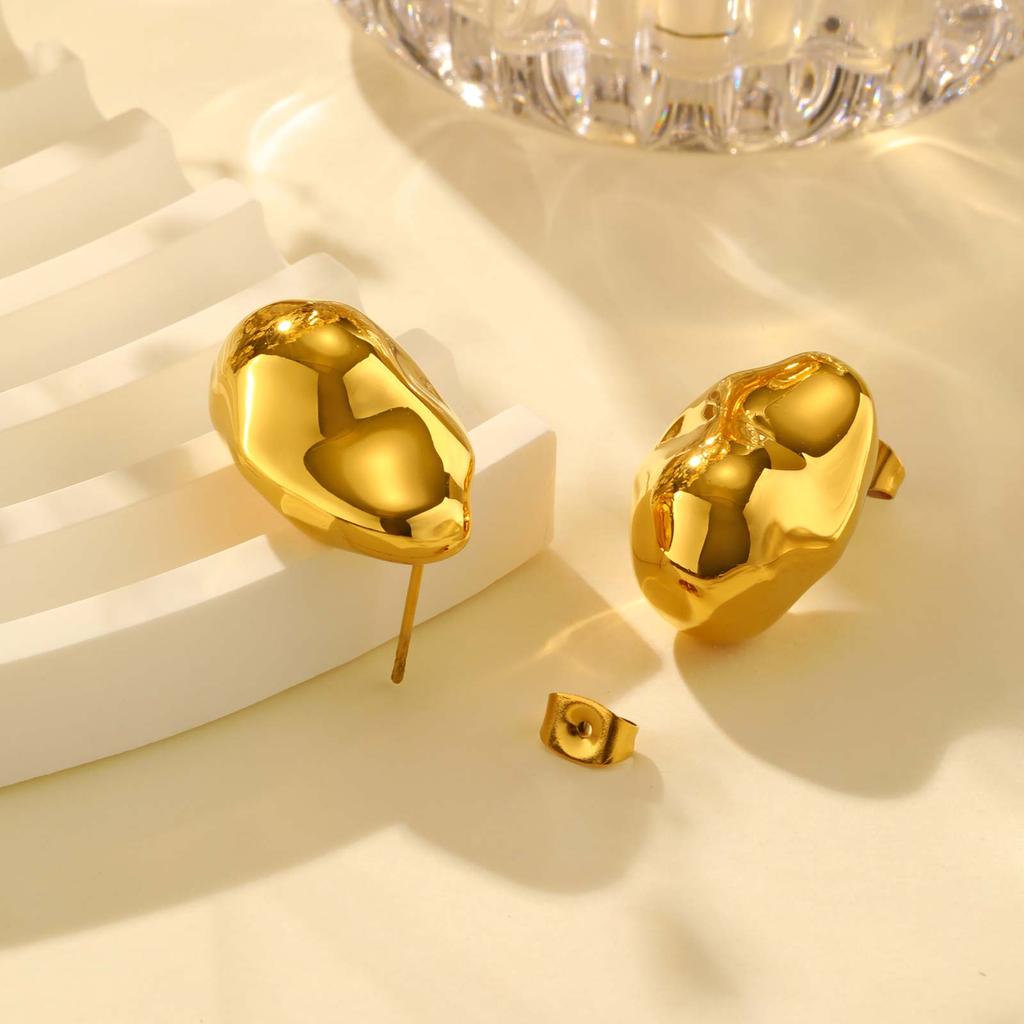 Vintage Oval Irregular Stainless Steel Stud Earrings for Women, Exaggerated Personality Design Gold Plated Earrings Jewelry