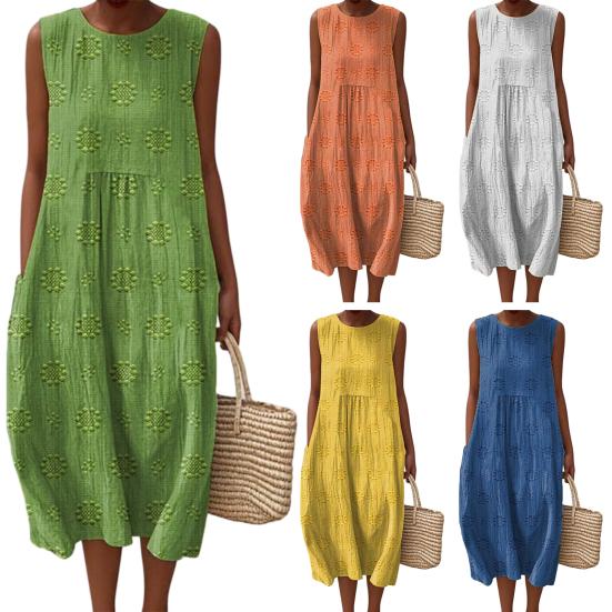 Women's Sleeveless Tank Dress 3D Printed Crew Neck Tunic Dress Casual Beach Vacation Sundress with Pockets