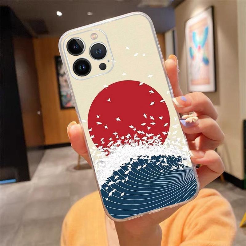 Phone Case For iphone 17 Air 17 Pro Max 16 15 14 13 Pro Max 15 16 Pro 15Plus Wave Art Japanese Green Illust
