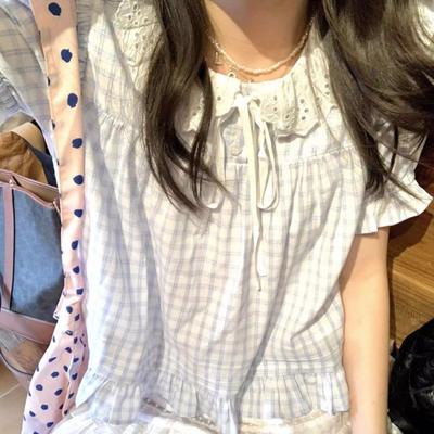 Süße Shirt Frauen Vintage Plaid Peter Pan Kragen Bluse Student Sommer Kawaii Nette Kurzarm Lose Beiläufige Top