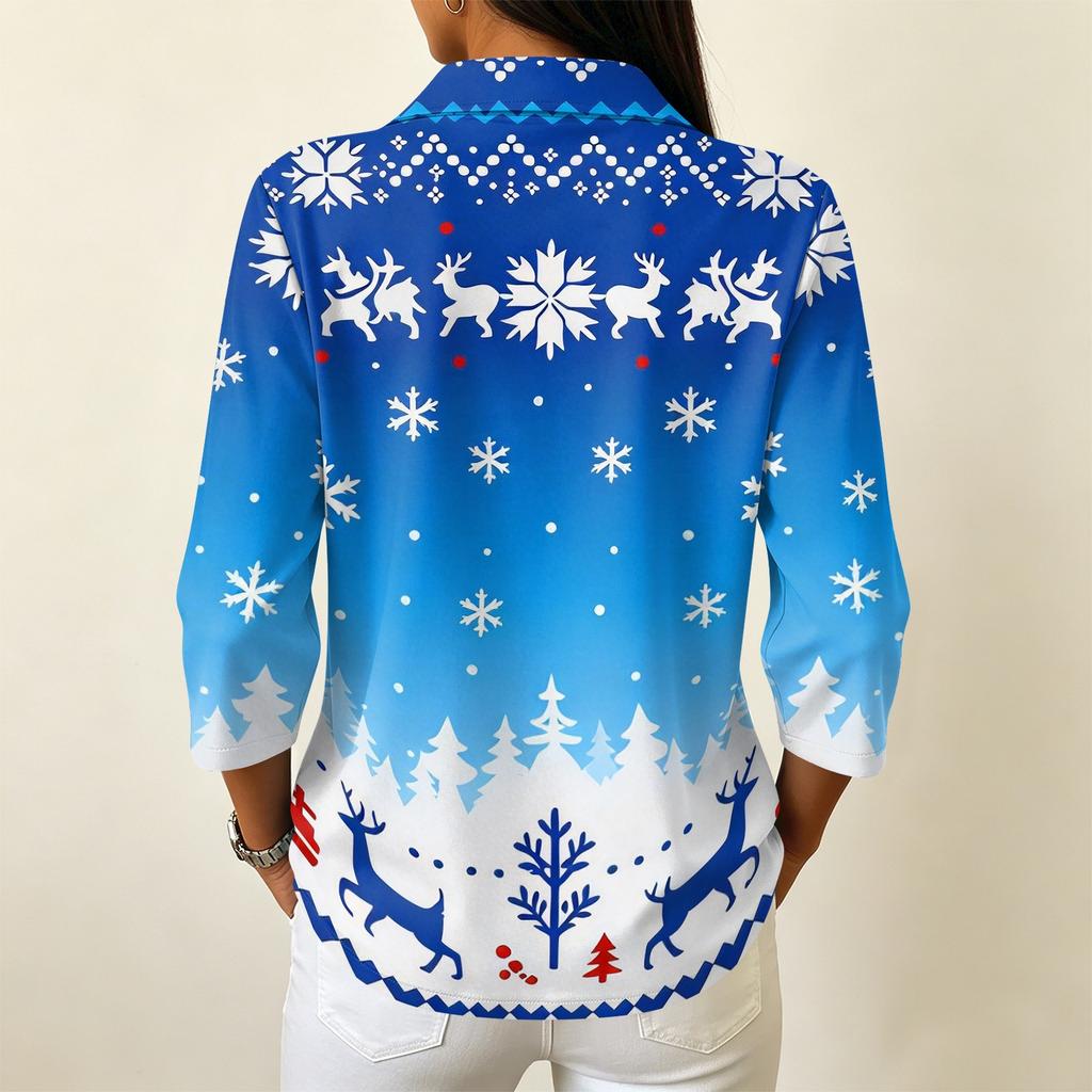 Women's Casual Christmas Print Button-Front 3/4 Sleeve Collared Blouse Top for Holiday Party