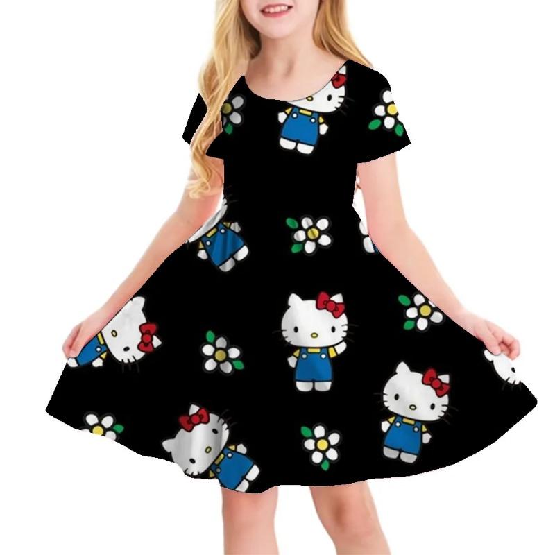 3D Printed Sanrio Hello Kitty Fashion Cartoon Pattern Cute Short Sleeved Dress Cosplay Youth