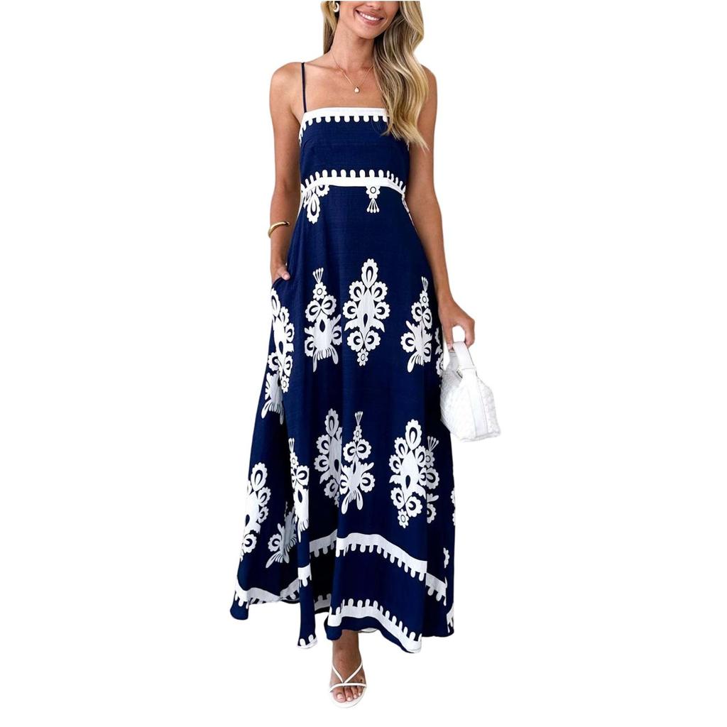 Women's Fashion Printed Summer Beach Dress Strap Bohemian Long Dress