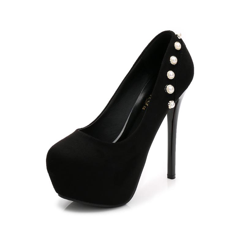 

Весенне-осенние водонепроницаемые туфли с круглым носком, на тонком каблуке, из замши, с открытым верхом, одинарные туфли, женская обувь с жемчужными заклепками 34