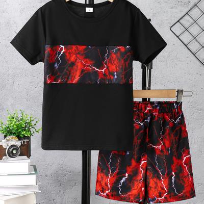 Σετ 2 τεμαχίων για Αγόρια - Μοντέρνο T-shirt & Σορτς - Ζωντανή Ψηφιακή Εκτύπωση Κεραυνών, Άνετη Ελαστική Μέση, Δροσερό Στρογγυλή Λαιμόκοψη για Ενεργό Καλοκαιρινό Παιχνίδι