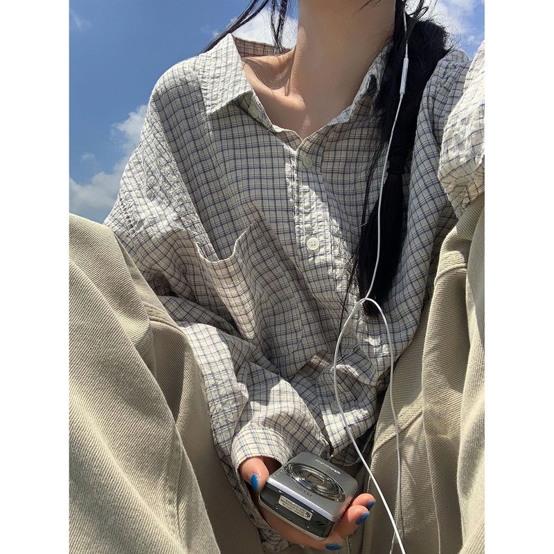 

Cherry Blossom Madou Retro Minority Ins Style Pleated Plaid Long Sleeves Polo Shirt for Women Lazy and Loose Outwear MiG All yards