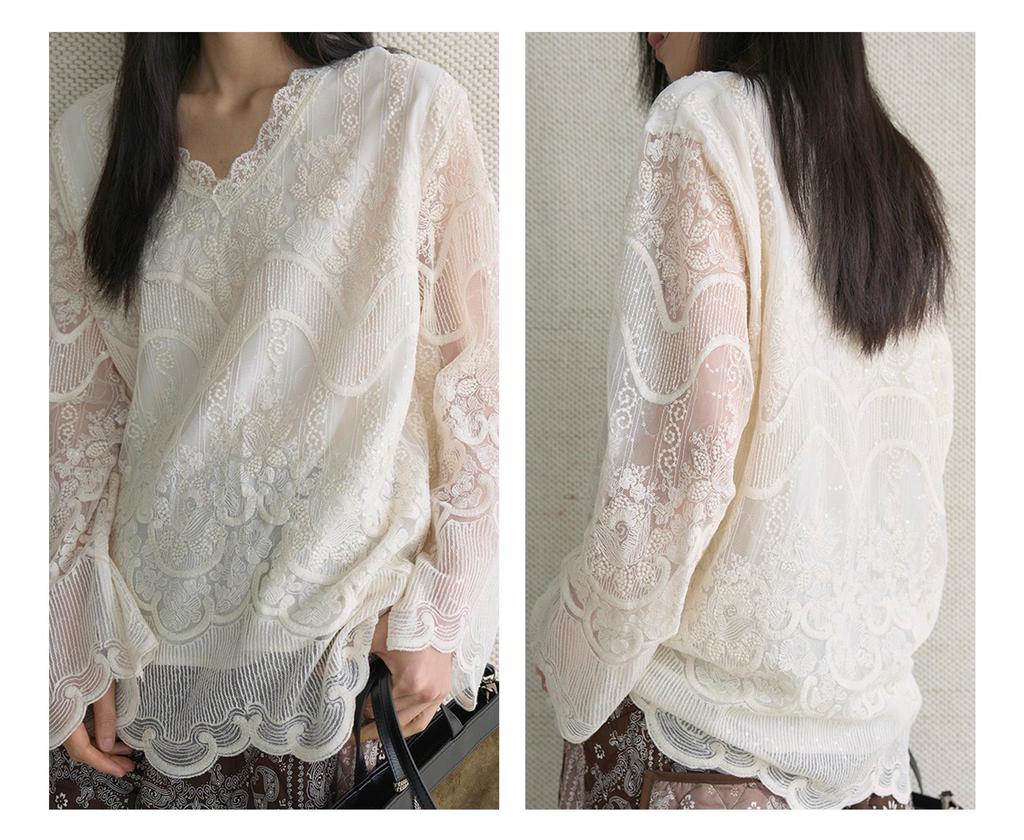 Elegant 3D Embroidered Lace V-Neck Double-Layer See-Through Top for Women
