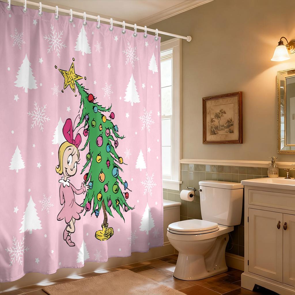 1Pc Pink Cartoon Christmas Tree Print Waterproof Shower Partition, Privacy Hanging Curtain With 12 Hooks Multiple Size
