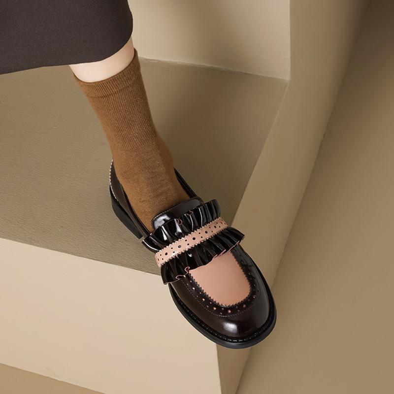 Fashion NEW Spring/Autumn Women Loafers Round Toe Chunky Heel Shoes Split Leather Shoes for Women Slip-on Mixed Colors Sweet Women Pumps