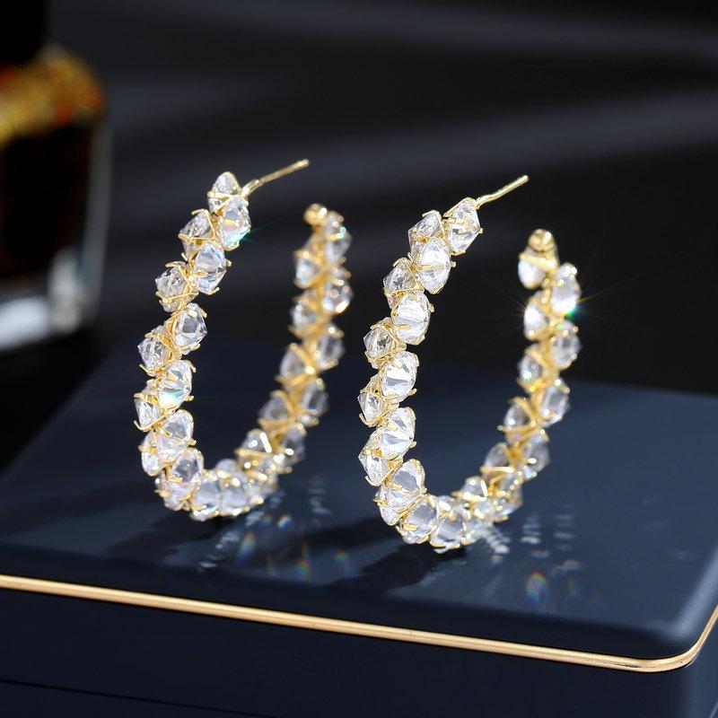 

S925 срібна голка супер блискучий циркон інкрустований кільце кільце сережки модний нішевий дизайн велике кільце прості С-подібні сережки золотий