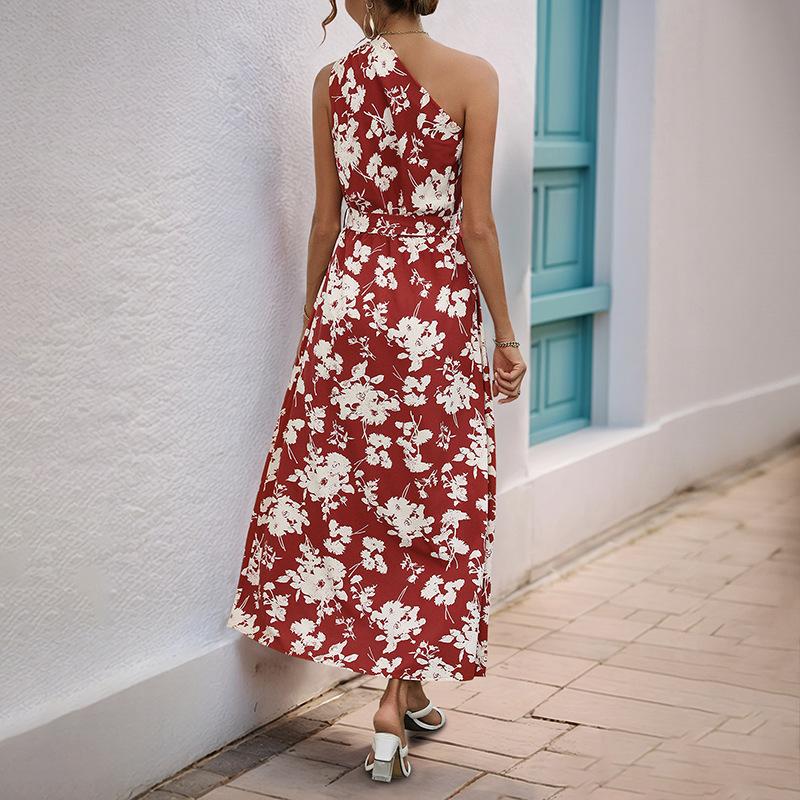 New seaside vacation elegant temperament sleeveless flower print shoulder dress