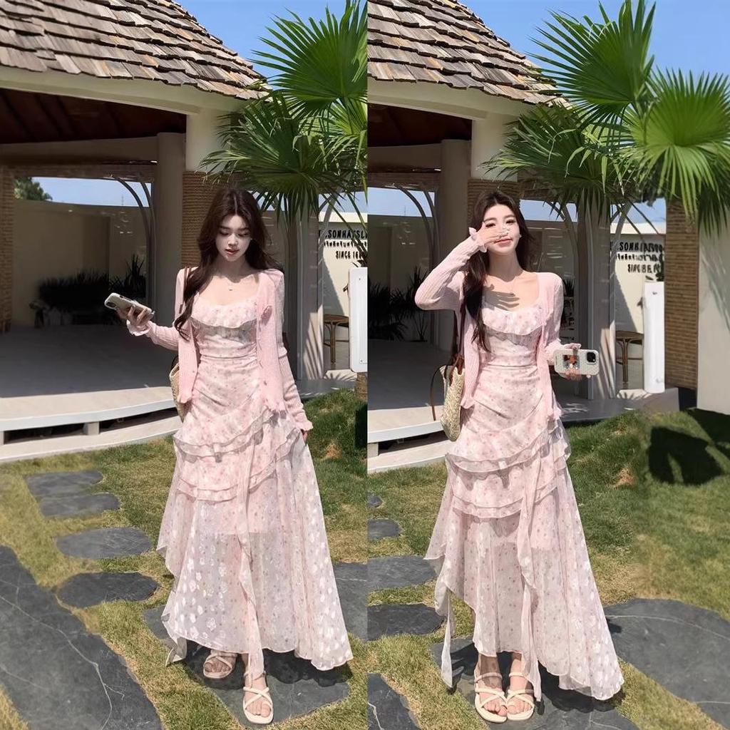 Women's Floral Print Camisole Dress & Cardigan Two-Piece Set - Spring Lace Long Dress