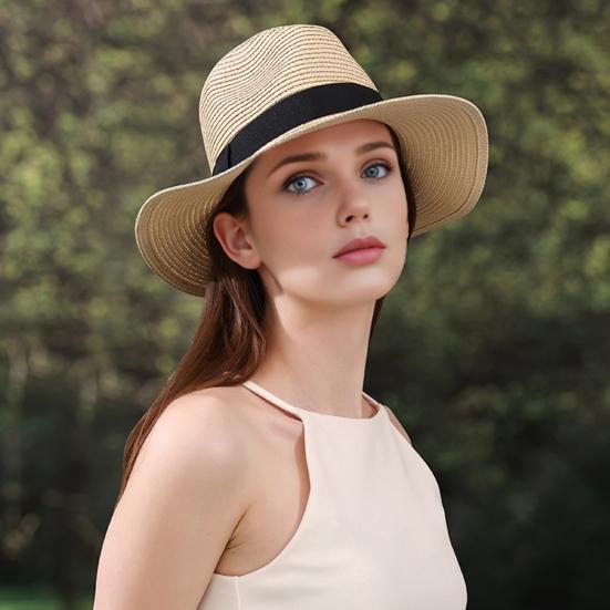 Beach Hat with Wrap-Around Brim, UV Protection Breathable Natural Straw Hat, Flat Top Summer Sun Hat for Beach Vacation Tropical Travel Outdoor