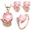 Pink Crystal Fox Necklace Imitation Hibiscus Powder Crystal Pendant Ring Pink Diamond Fox Stud Earrings Set