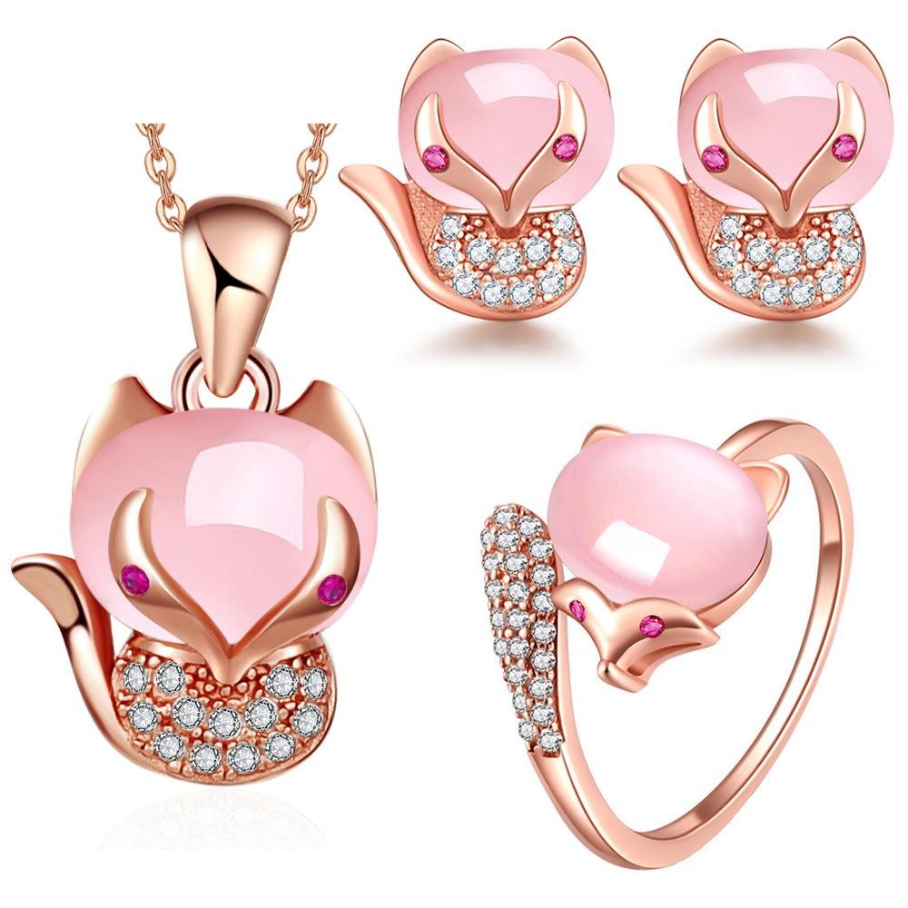 Pink Crystal Fox Necklace Imitation Hibiscus Powder Crystal Pendant Ring Pink Diamond Fox Stud Earrings Set