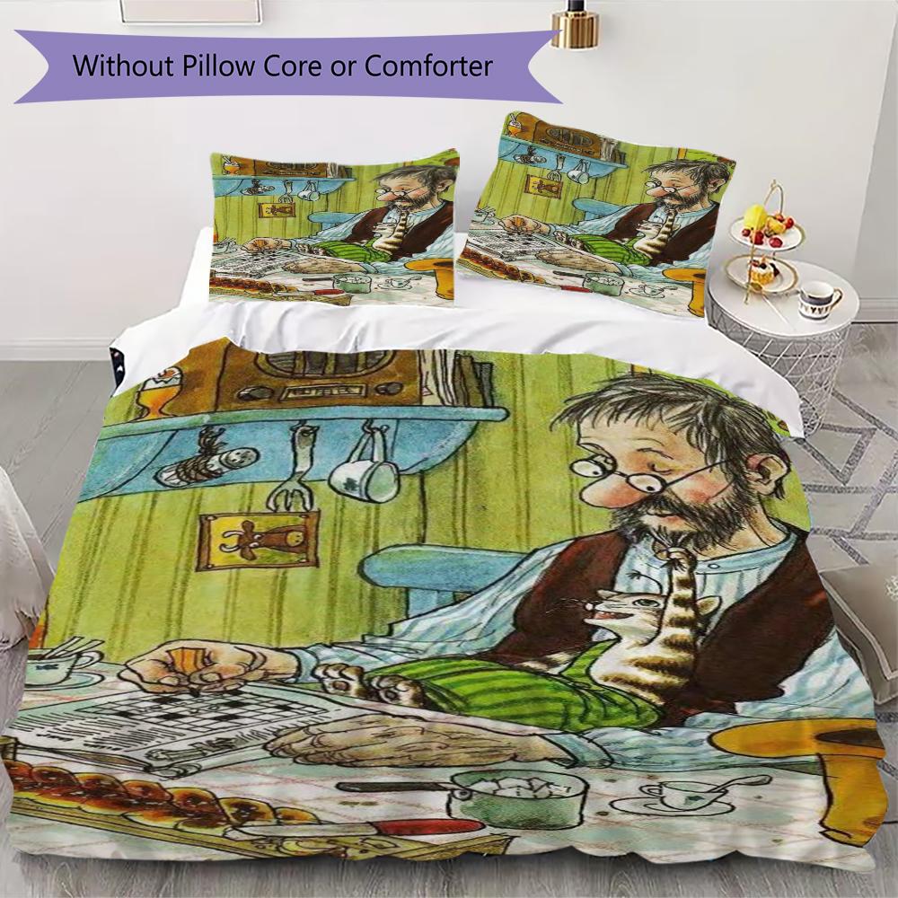 

Pettson and Findus Pattern Bedding uilt Set uilt Cover Pillowcase Home Decoration Birthday Gift (1 * duvet cover + 2 * pillowcase without core)107 135x200cm