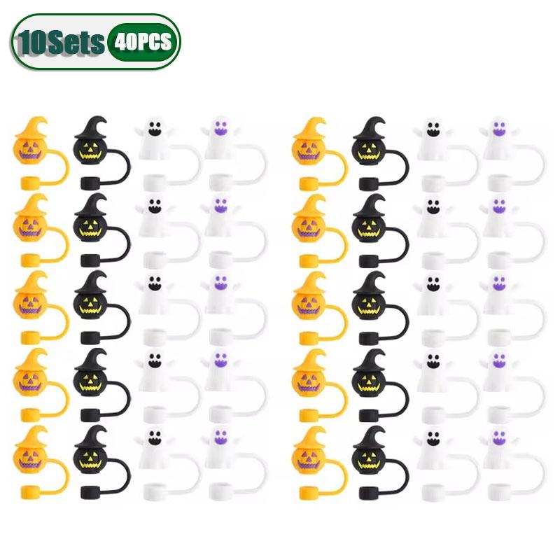 1-10Sets Halloween Straw Dust Plug Eco Friendly Pumpkin Ghost Straw Cap for Cup Reusable Dust Proof Cover for Drinks