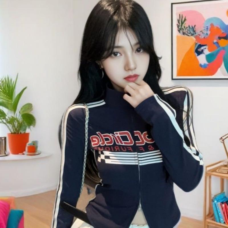Girls Y2K Tops Workout Cycling T-shirts Zipper Long Sleeve Fashion Club Wear Sexy Women's T-shirts Sports Tees