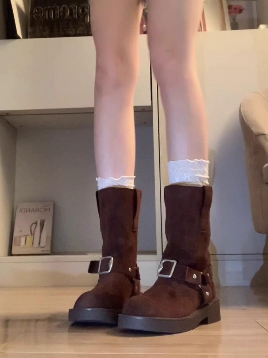 

Sheepskin version~ Maillard round head short boots retro western cowboy boots versatile and thin metal buckle thick heel knight boots 40