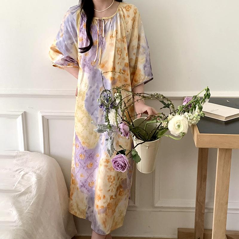 1011 new cotton and silk nightdress women's summer short-sleeved pajamas cartoon pony element long loose cotton silk skirt can be worn outside