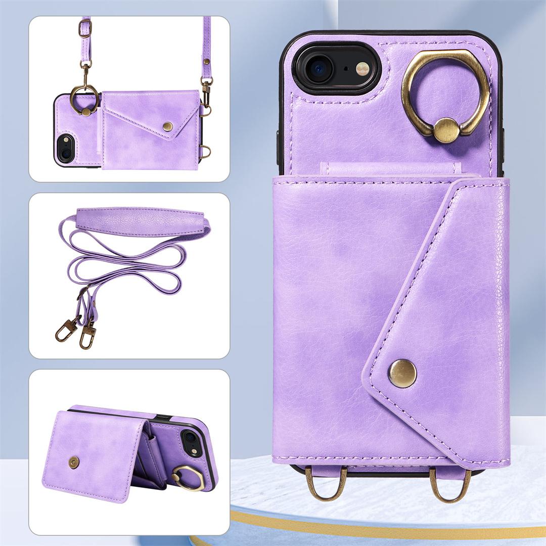 

Для iPhone 6/6s/6Plus/7/8,7Plus/8Plus,iPhone SE (2020/2022) Плечевой ремень, кольцо, кронштейн, держатель для карт, слоты, чехол для телефона с узором личи iPhone 8 светло-фиолетовый