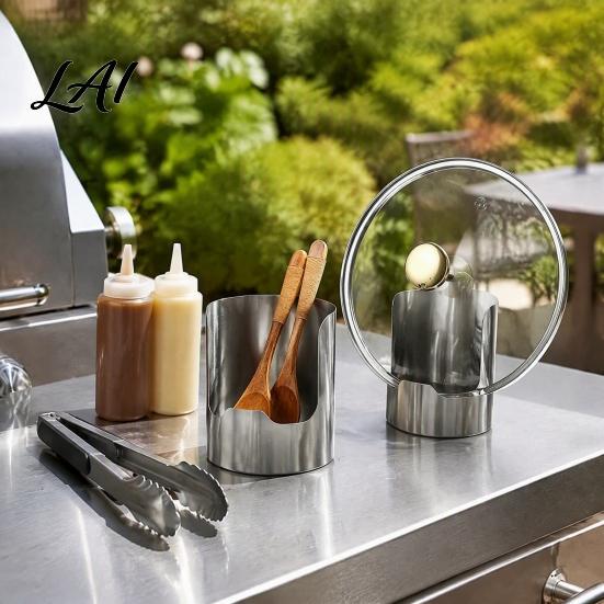 Silbernes Metall Küchengerät Edelstahl Topfdeckel und Löffelhalter 2-in-1 Vertikaler Utensilienplatzsparender Werkzeug Organizer Halter Platzsparend