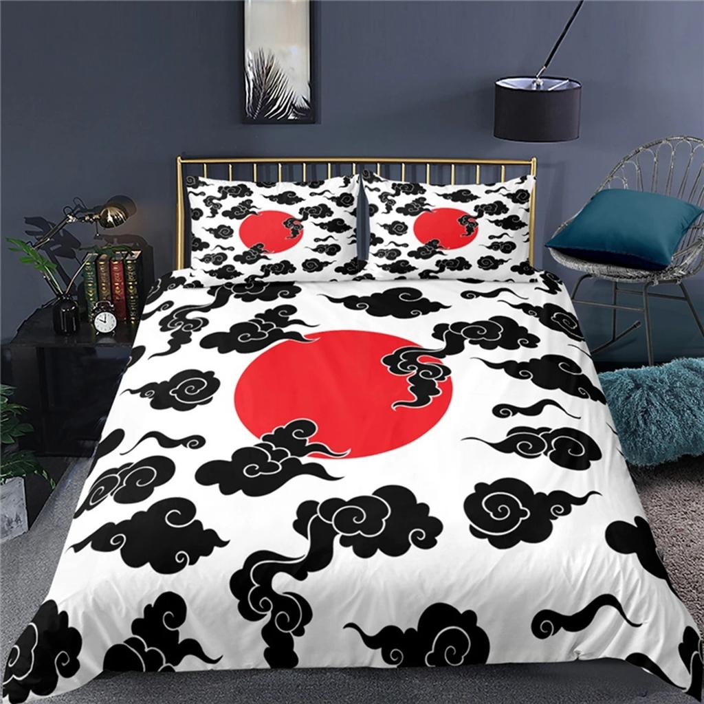 Japanese Style Print Bedding Set Luxury 3D Samurai Bedding Sunset Duvet Cover Sunset Scenery Polyester Duvet Cover Men Black Red