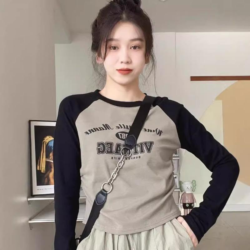 Spring Niche Shoulder Sleeves Contrasting Color Shirt Women's Waist Pleated Top Personalized Printing Bottoming Long Sleeves