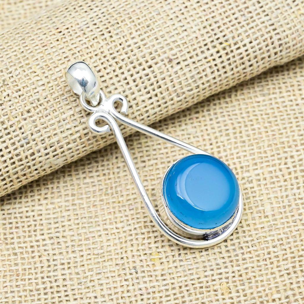 Blue Chalcedony Gemstone 925 Sterling Silver Handmade Jewelry Pendant For Thanksgiving Gift