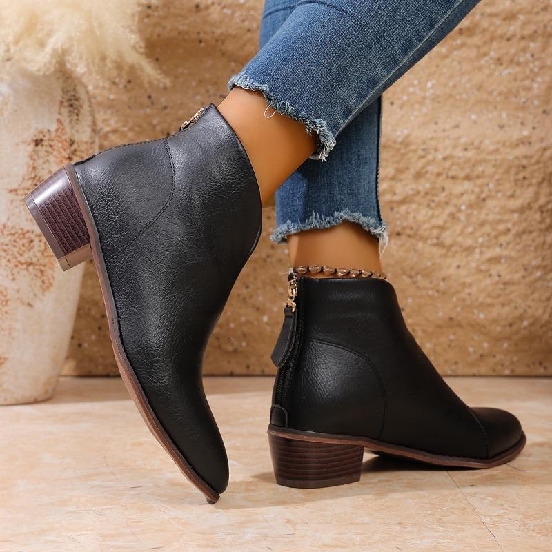 Damen Stiefeletten 2025 Herbst Winter Retro Spitzzehen Chelsea Boots PU-Leder Damen Mittelhoher Blockabsatz Kurze Stiefel Botas Mujer