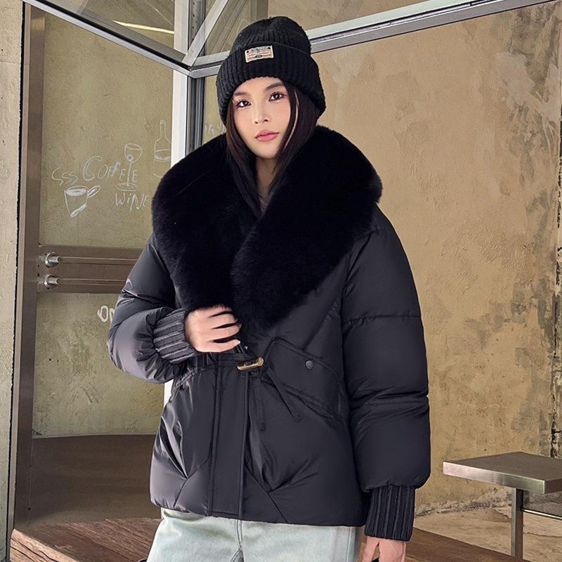 Women's Winter Down Cotton Jacket with Large Fur Collar - European & American Style, Short & Loose Padded Coat
