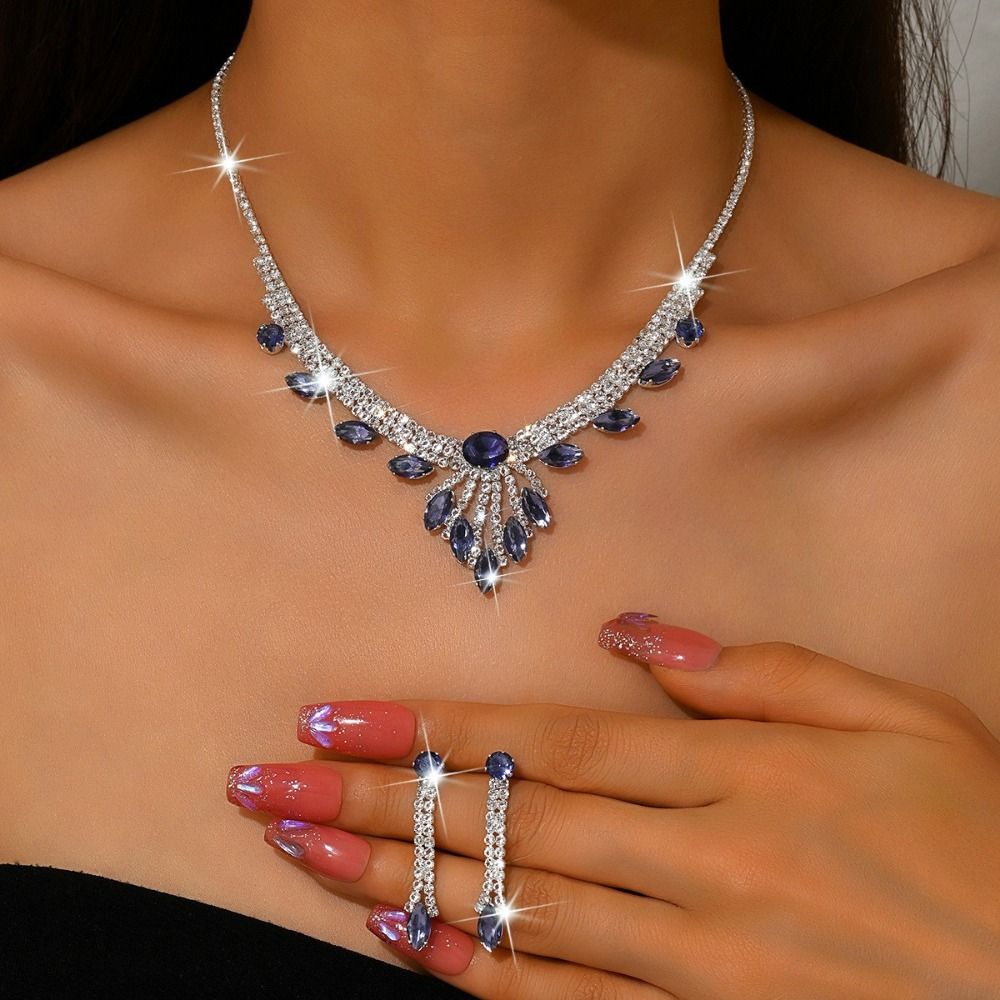 Módní náušnice pecky, řetízek na klíční kost, sada, s vkládanými kamínky, svatební šperky pro nevěstu, na párty