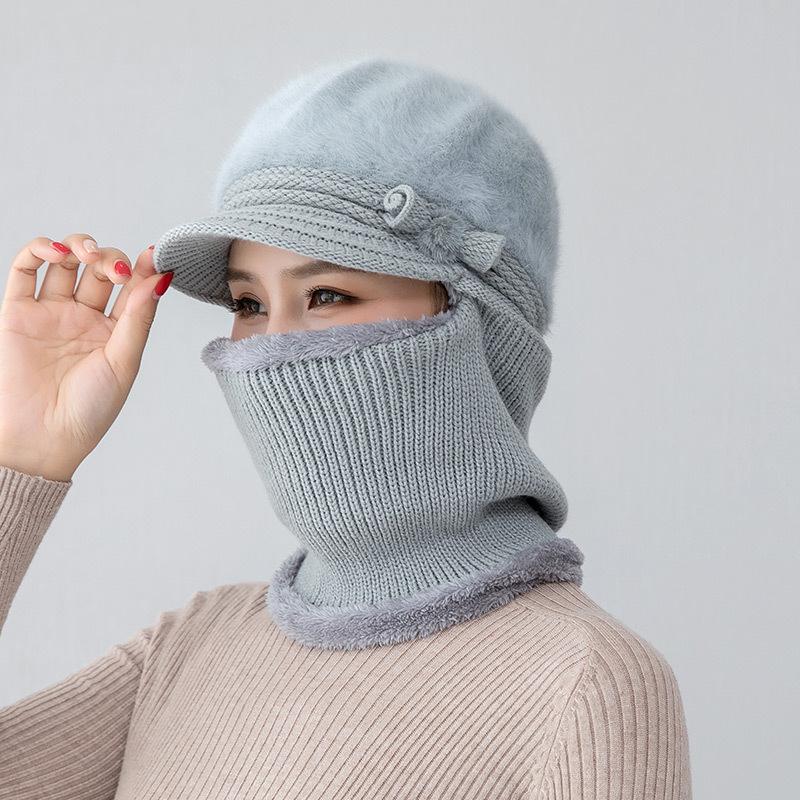 Middle aged mother rabbit fur scarf one-piece hat female winter cycling plush wool old man hat scarf warm