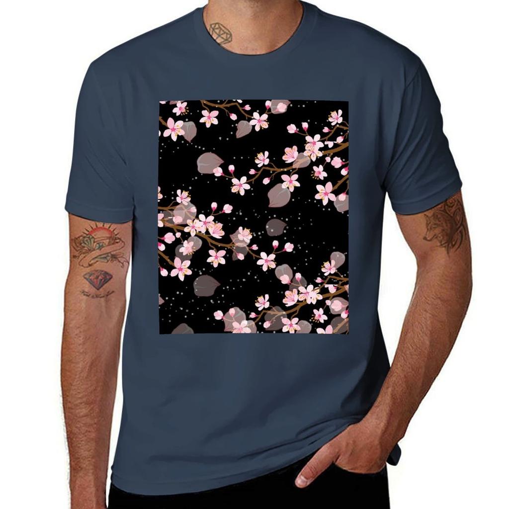 White And Pink Japanese Cherry Blossom Floral Seamless Repetition Pattern On Black TShirt