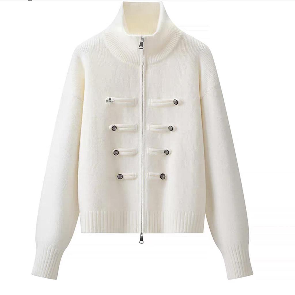 2026 Retro Chinese Style Frog Button Zipper Knit Cardigan - Women's Autumn/Winter Versatile Half-High Collar