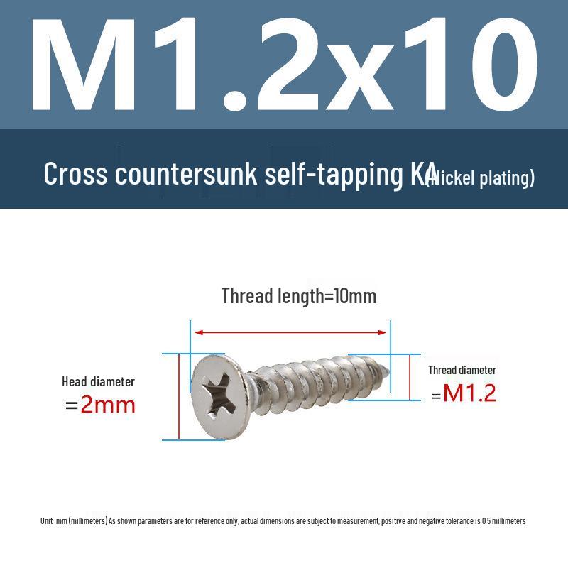 YiguYigu Nickel-Plated Phillips Flat Head Self-Tapping Screws M1-M5, Carbon Steel