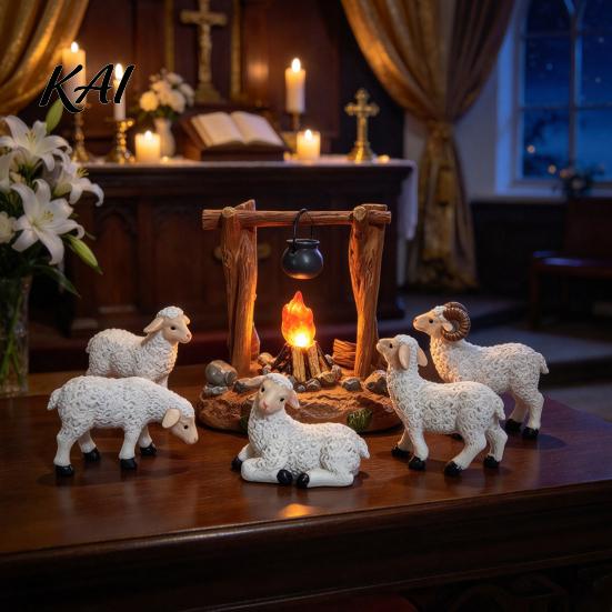 Holiday Tabletop Display Christmas Nativity Scene Set with LED Lighted Campfire, Resin Manger Stable Figurine, Miniature Wooden Look Hut & Sheep