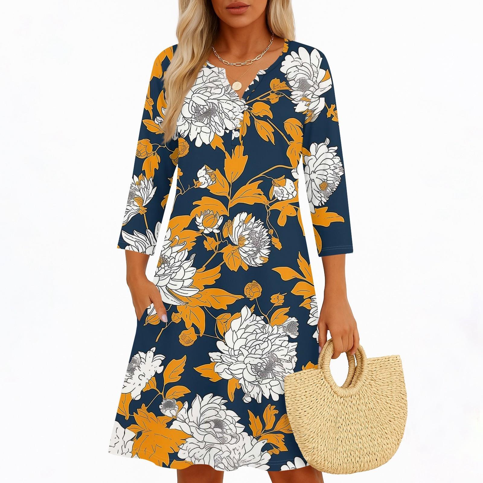

Платья для женщин Весенние сарафаны Женское повседневное платье с рукавом 3/4 V-образный вырез Бохо Платье с цветочным принтом XL жёлтый