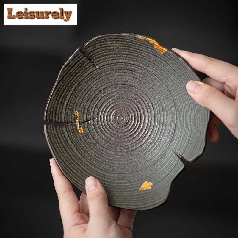 Retro Bronze Glazed Pot Bearing Holder Ancient Old Rock Mud Dry Brew Table Tea Tray Refreshment Fruit Plate Chinese Tea Set Gift