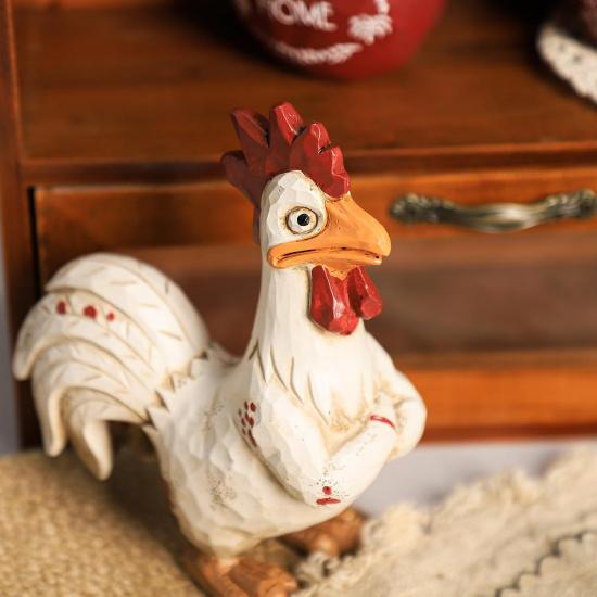 Bicuzat Funny White Rooster Statue, Resin Table Art Sculpture Funny Rooster Figurine Decoration, Rustic Country Tabletop Decoration, Farm Animal