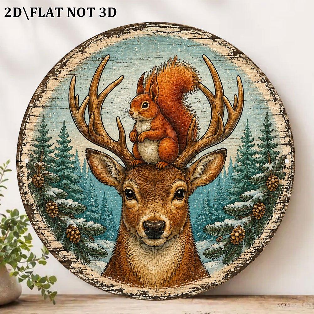 Round D Flat Vintage Metal Sign Forest Deer Squirrel Scene Decor for Living Room Bedroom Cafe Wall Art Gift