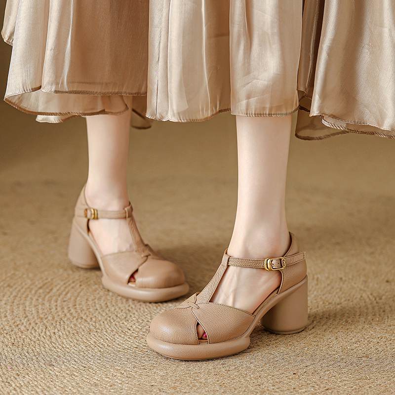 Krazing Pot Sheep Skin Round Toe Size 41 Thick Round High Heels Buckle Straps Hollow Platform Gladiator Autumn Pumps