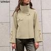 VONDA Autumn Spring Women Stand Collar Button Long Sleeve Casual Loose Short Jacket Gargo Thin Coats