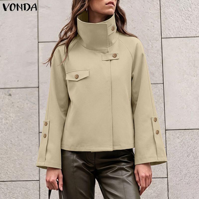 VONDA Autumn Spring Women Stand Collar Button Long Sleeve Casual Loose Short Jacket Gargo Thin Coats