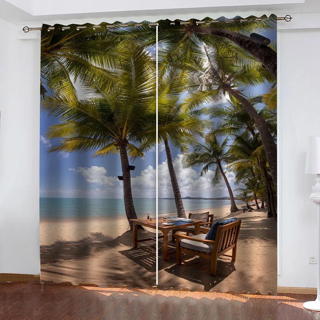 2PC Nature Landscape Theme Forest River Curtains for Bedroom, Balcony, Living Room, Green Forest Print  Curtain Window Drape