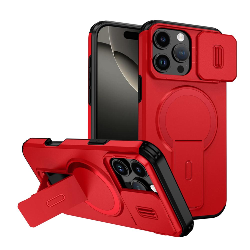 

KEYSION Противоударный магнитный чехол для iPhone 16 Pro 16 Pro Max Сдвижная защита камеры Подставка Беспроводная зарядка Задняя крышка телефона for iPhone16 Pro Max красный